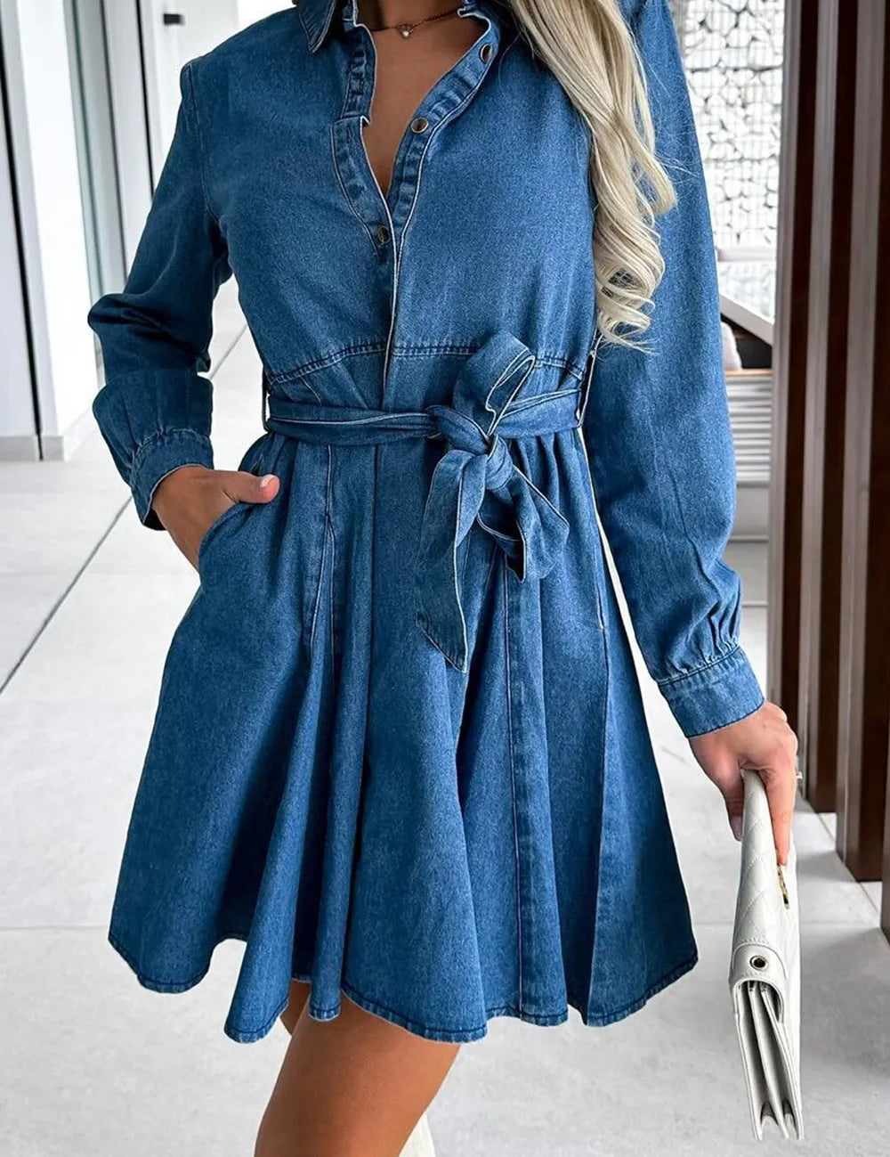 Dusty Blue Tied Half Button Long Sleeve Denim Dress | Mini Dresses Daverri Fashions