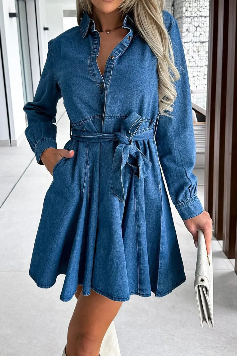 Dusty Blue Tied Half Button Long Sleeve Denim Dress | Mini Dresses Daverri Fashions