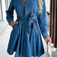 Tied Half Button Long Sleeve Denim Dress - DAVERRI FASHIONS