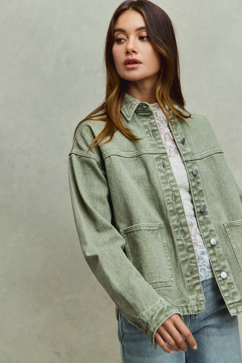 Soft sage green SO ME Vintage Washed Button Twill Shacket