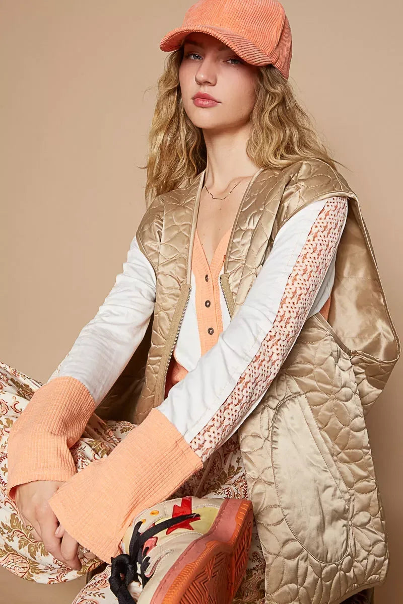 POL Front Zipper Floral Pattern Quilted Vest Coat with Front Pockets - DAVERRI FASHIONS