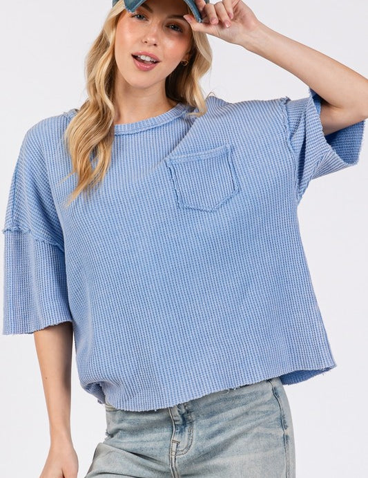 SAGE + FIG Exposed Seam Round Neck Half Sleeve T-Shirt Periwinkle