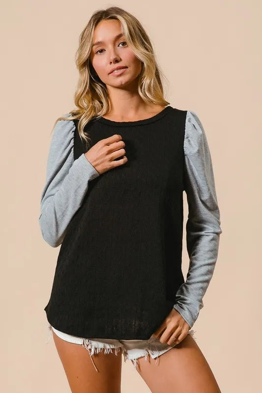 BiBi Cable Sweater Knit Top with Contrast Puff Sleeve | Knit Tops Daverri Fashions