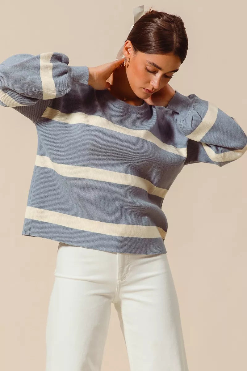 SO ME Ribbed Striped Round Neck Sweater with Puff Sleeves