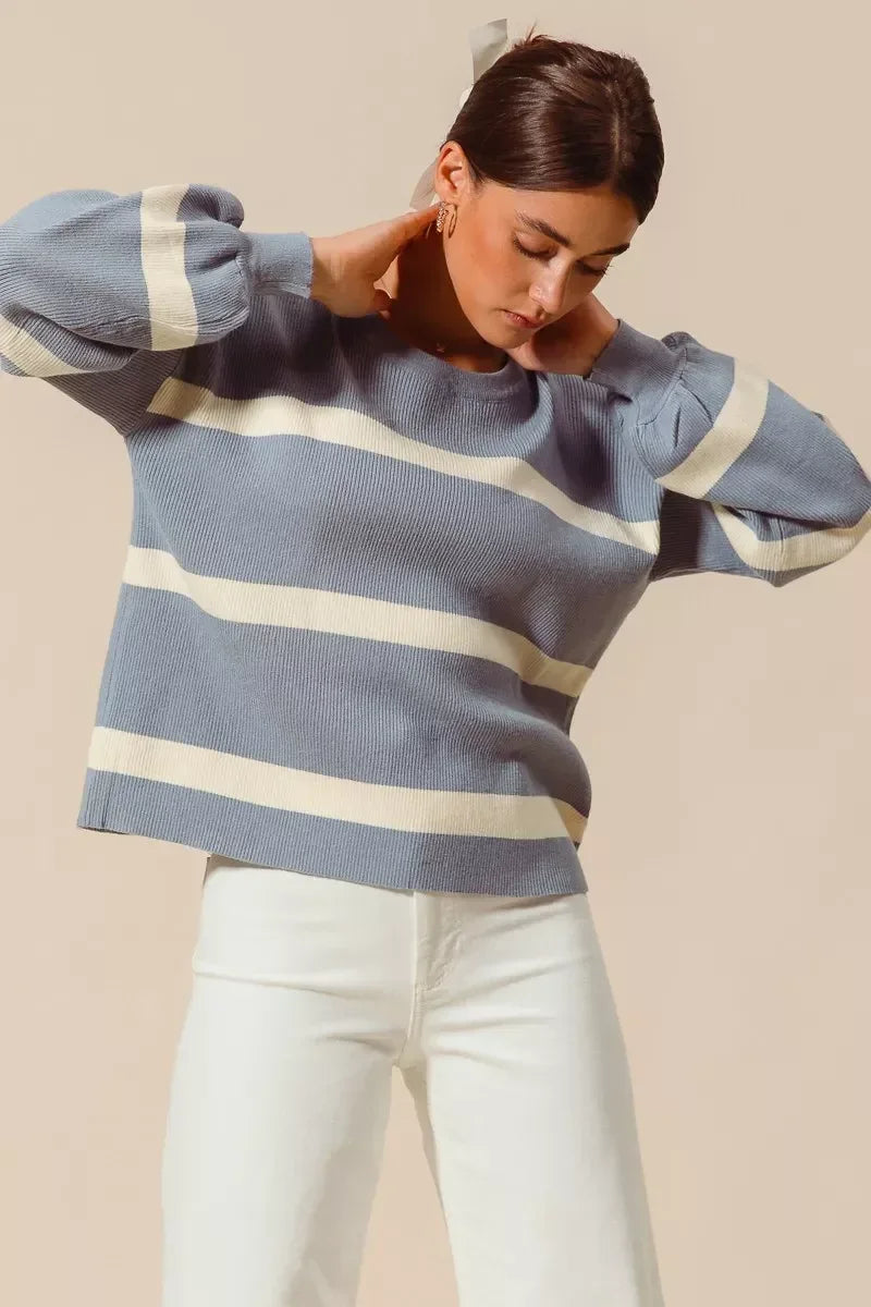 SO ME Ribbed Striped Round Neck Sweater - DAVERRI FASHIONS
