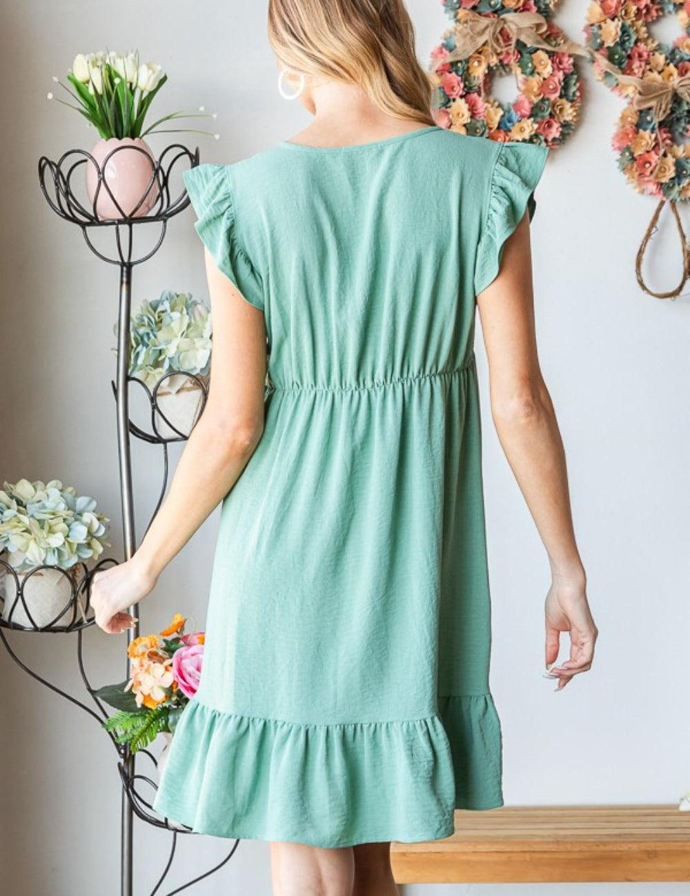 Heimish Full Size Short Sleeve V Neck Ruffled Hem Dress | Daverri Fashions