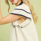 Umgee Linen Ruffle Sleeve Top in oatmeal with navy trim