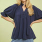 Umgee navy blue linen blouse with ruffled sleeves and scalloped neckline