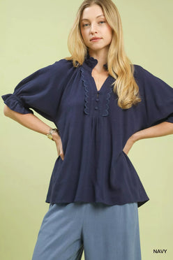 Umgee navy blue linen blouse with ruffled sleeves and scalloped neckline
