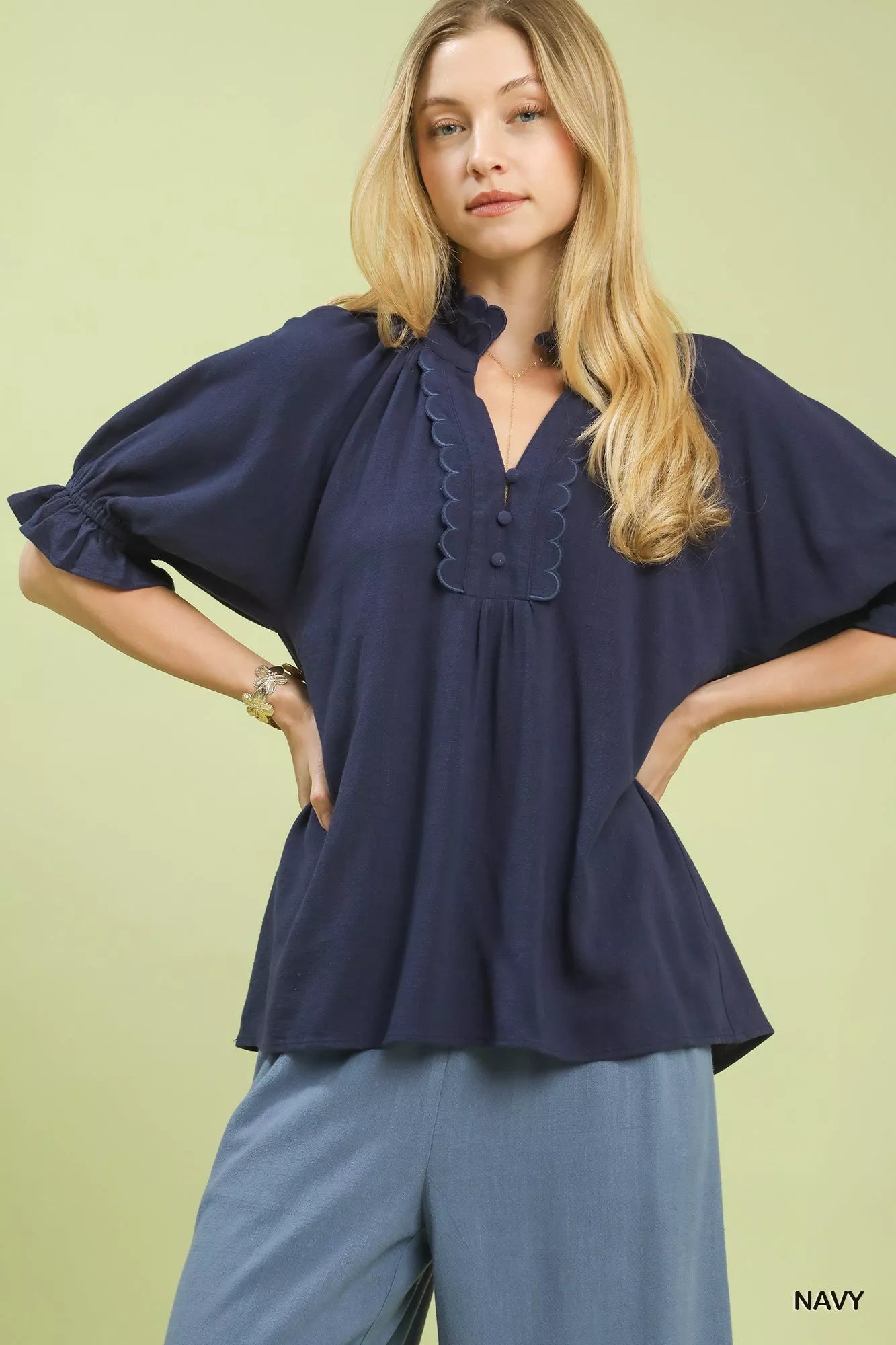 Umgee navy blue linen blouse with ruffled sleeves and scalloped neckline