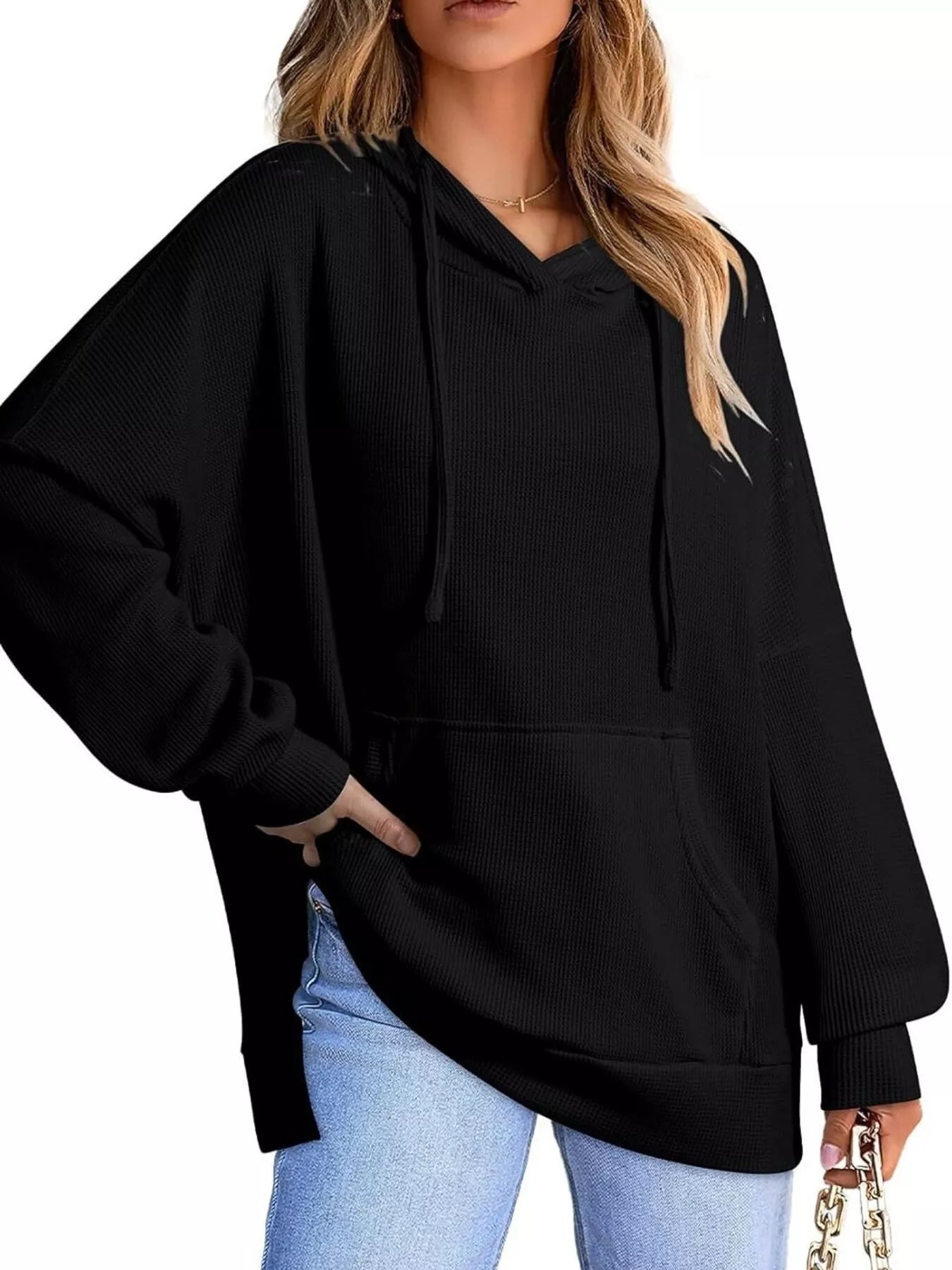 Daverri Fashions black ribbed knit oversized hoodie with drawstring hood and front pocket