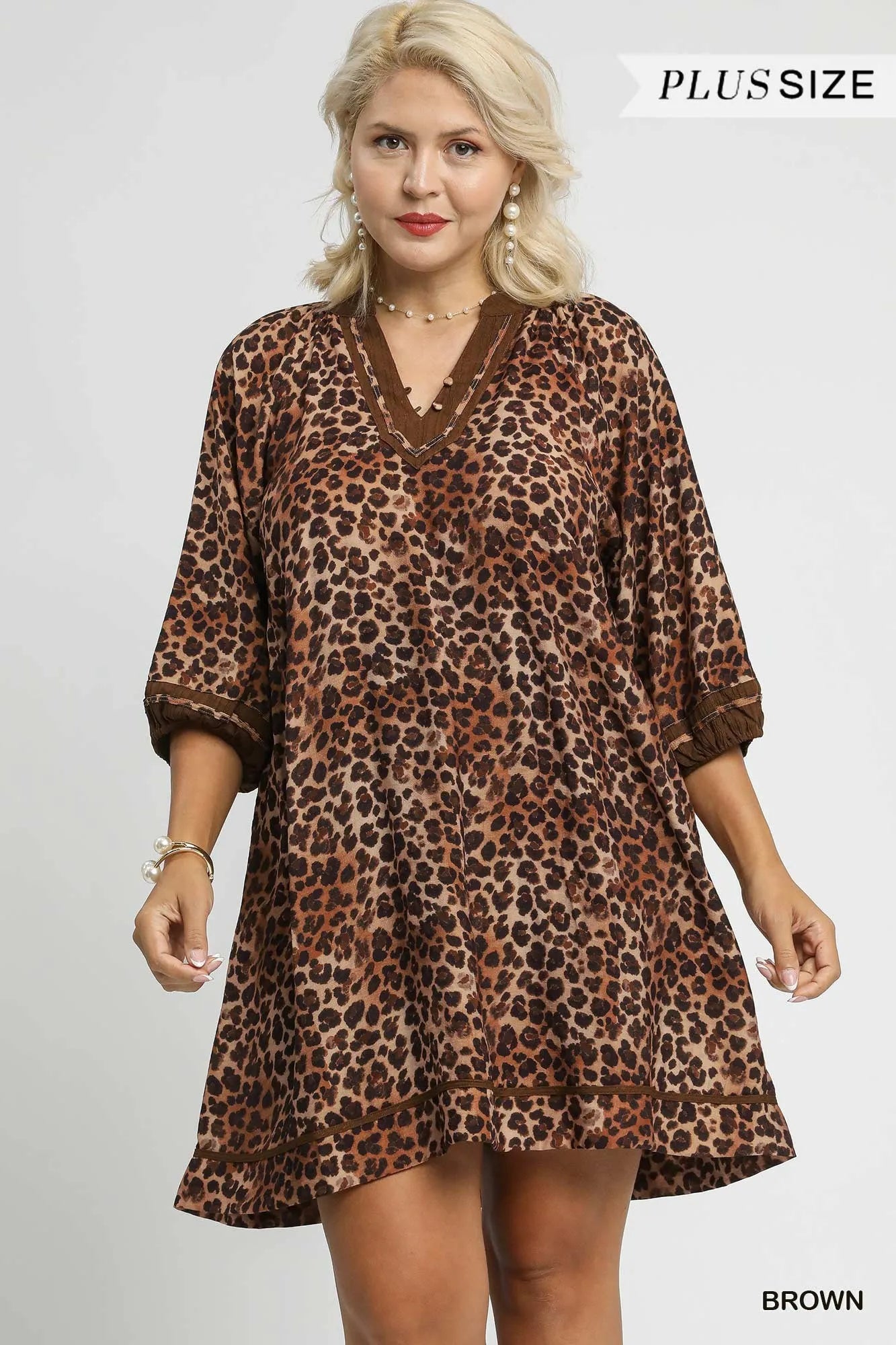 Umgee Full Size Leopard Print Mini Dress with Contrast Trim Plus Size Dresses