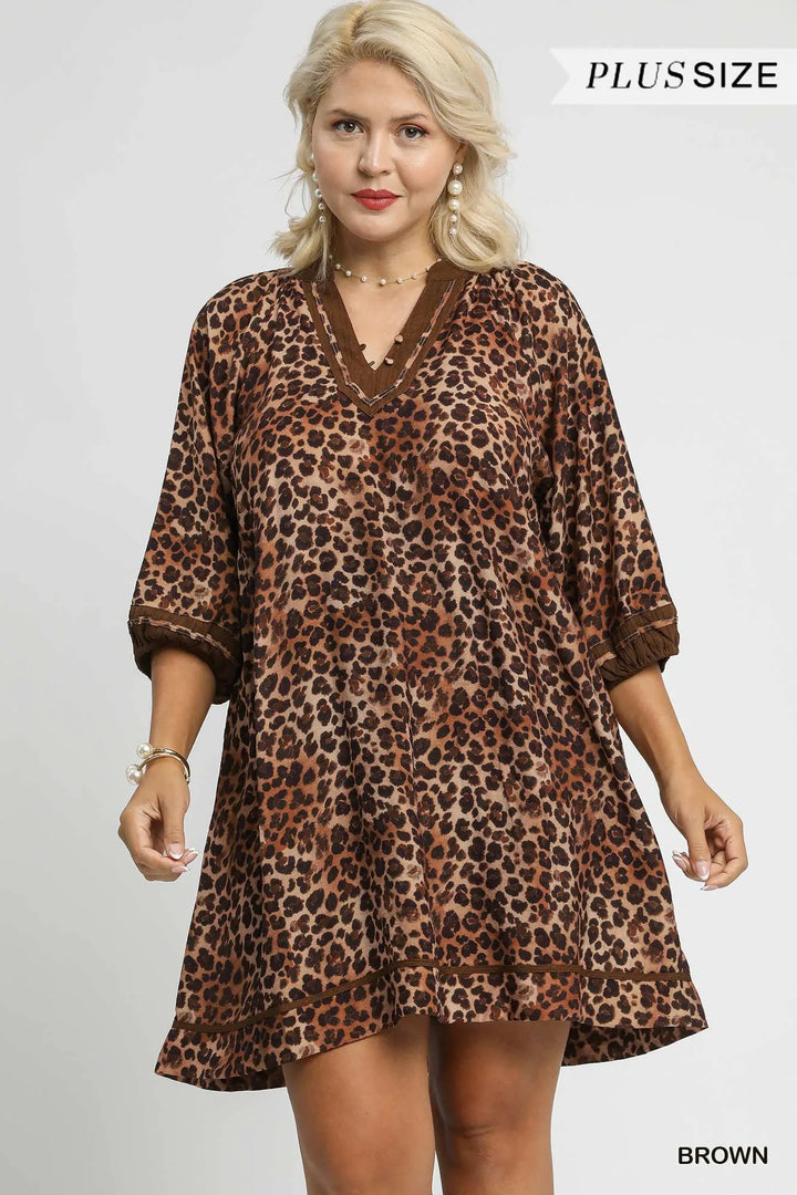 Umgee Full Size Leopard Print Mini Dress with Contrast Trim Plus Size Dresses
