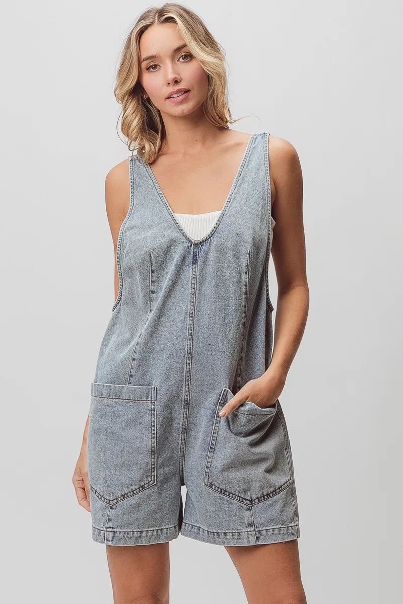 BiBi Patch vintage washed denim shortall with v-neck and pockets