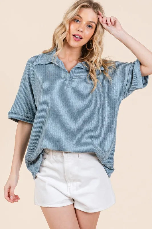 BOMBOM Ribbed Collared Neck Top