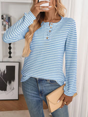 Daverri Fashions blue white striped henley long sleeve top