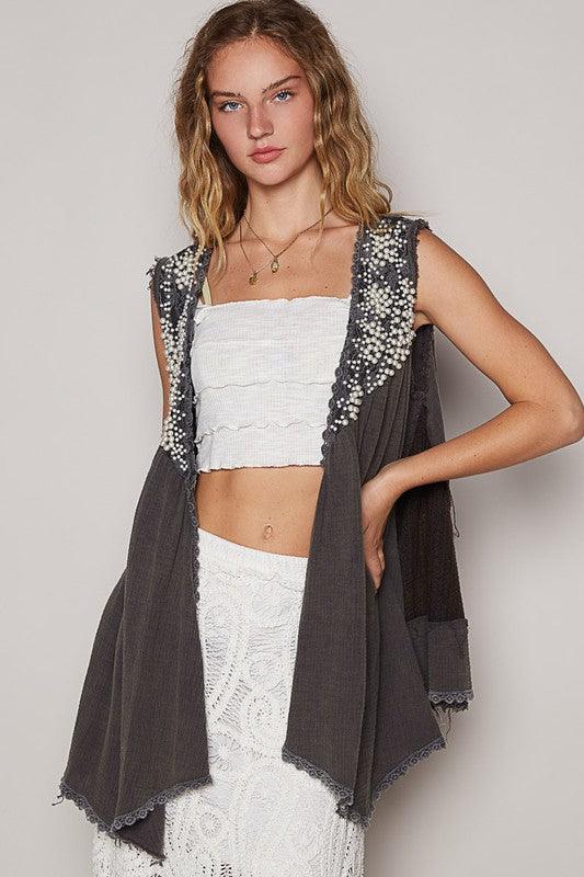 POL Embroidered Pearls Open Front Sleeveless Cardigan Charcoal Cardigans