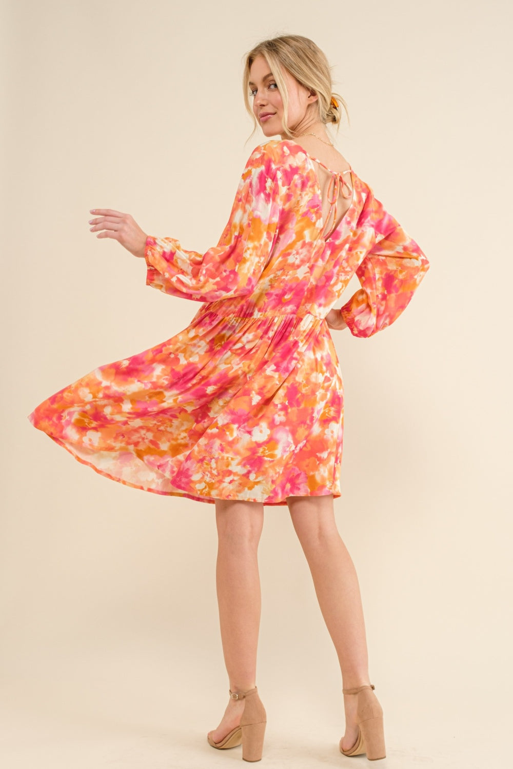 And The Why Full Size Printed Tie Back Long Sleeve Dress Knee Length Dresses