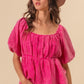 BiBi Pleated Puff Sleeve Washed Blouse Fuchsia XL Blouses