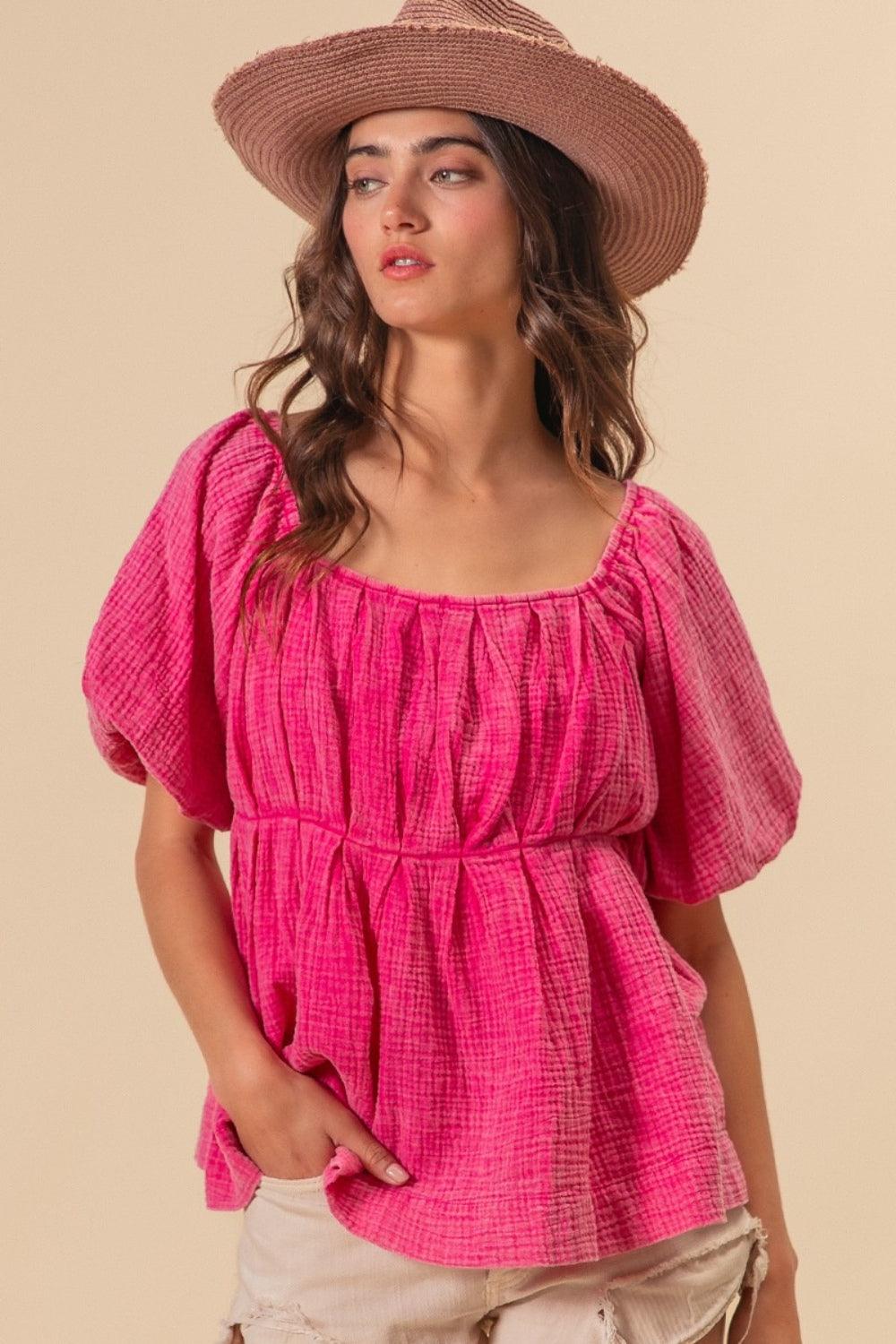 BiBi Pleated Puff Sleeve Washed Blouse Fuchsia XL Blouses