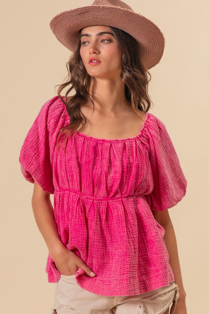 BiBi Pleated Puff Sleeve Washed Blouse Fuchsia