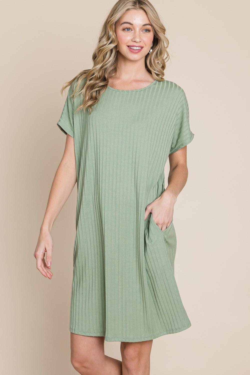 BOMBOM Ribbed Round Neck Short Sleeve Dress Sage