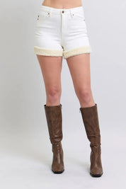 WHT Judy Blue High Waist Shearling Cuff Denim Shorts | Daverri Fashions