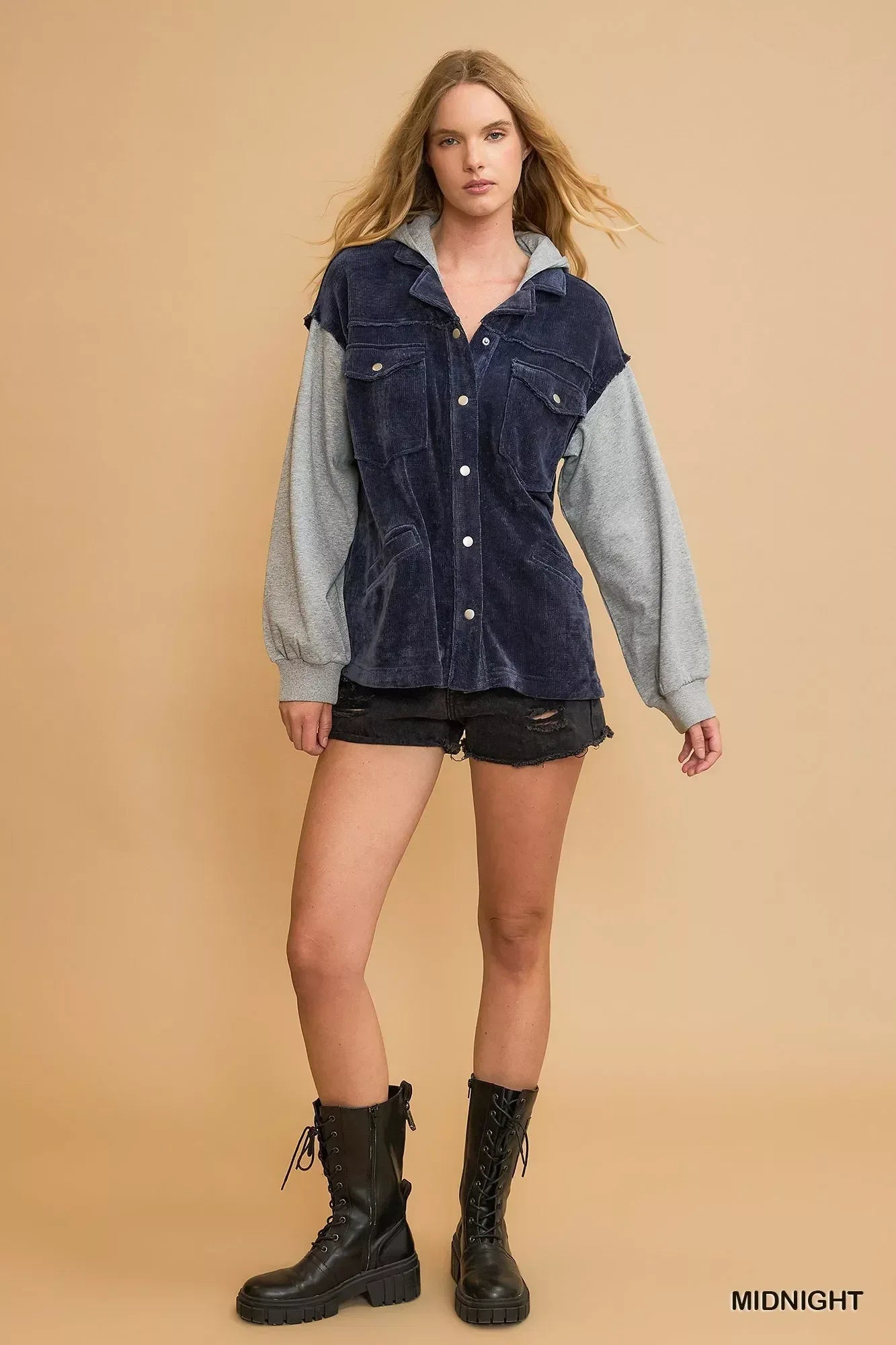 Umgee Contrast Hooded Chenille Jacket Midnight - DAVERRI FASHIONS