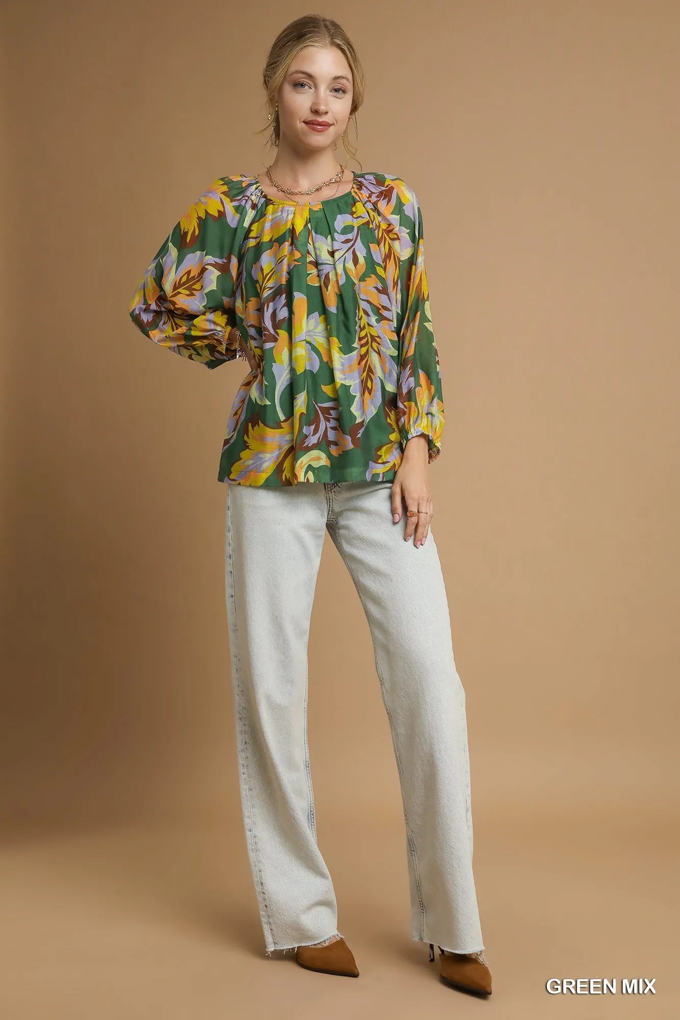 Umgee Mix Abstract Print Balloon Sleeve Blouse Blouses