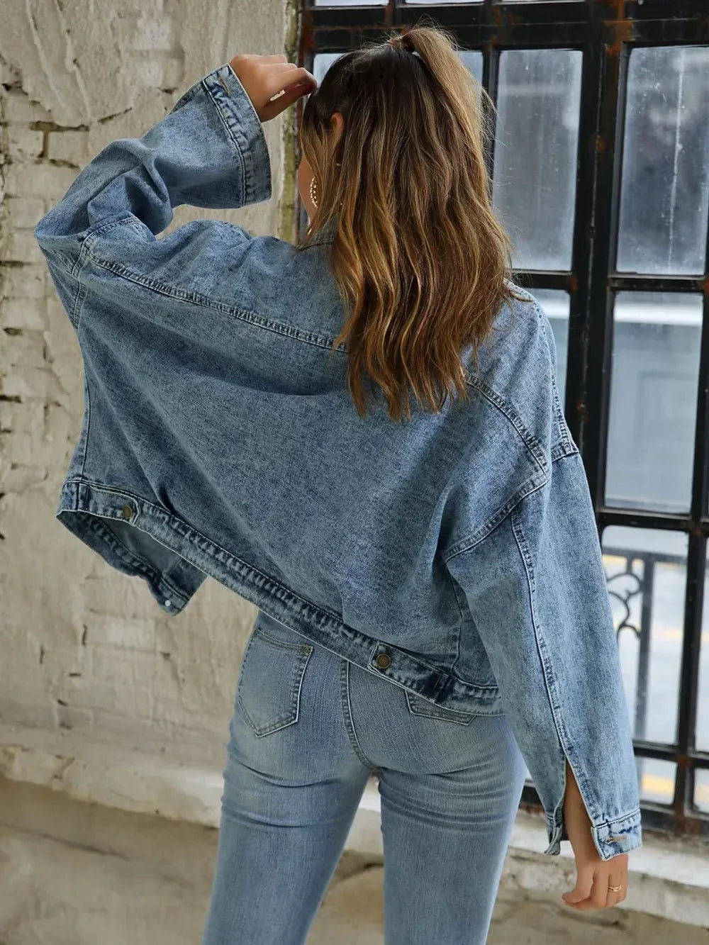 Button Down Drop Shoulder Denim Jacket - DAVERRI FASHIONS