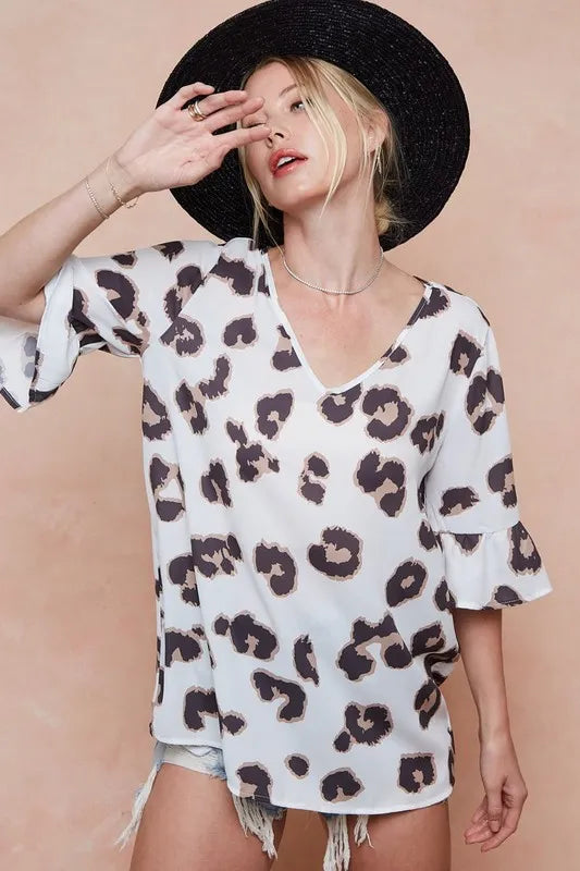 BiBi Leopard Printed V Neck Woven Top with Ruffled | Blouses Daverri Fashions