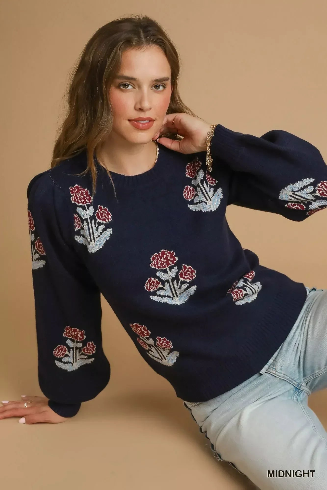 Umgee Floral Knit Sweater with Puff Sleeves - DAVERRI FASHIONS