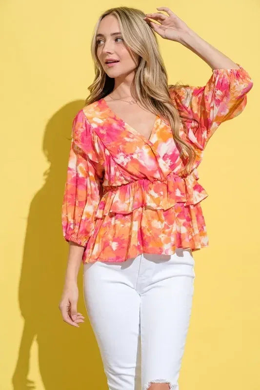 And The Why Ruffled Printed Puff Sleeve Blouse - DAVERRI FASHIONS