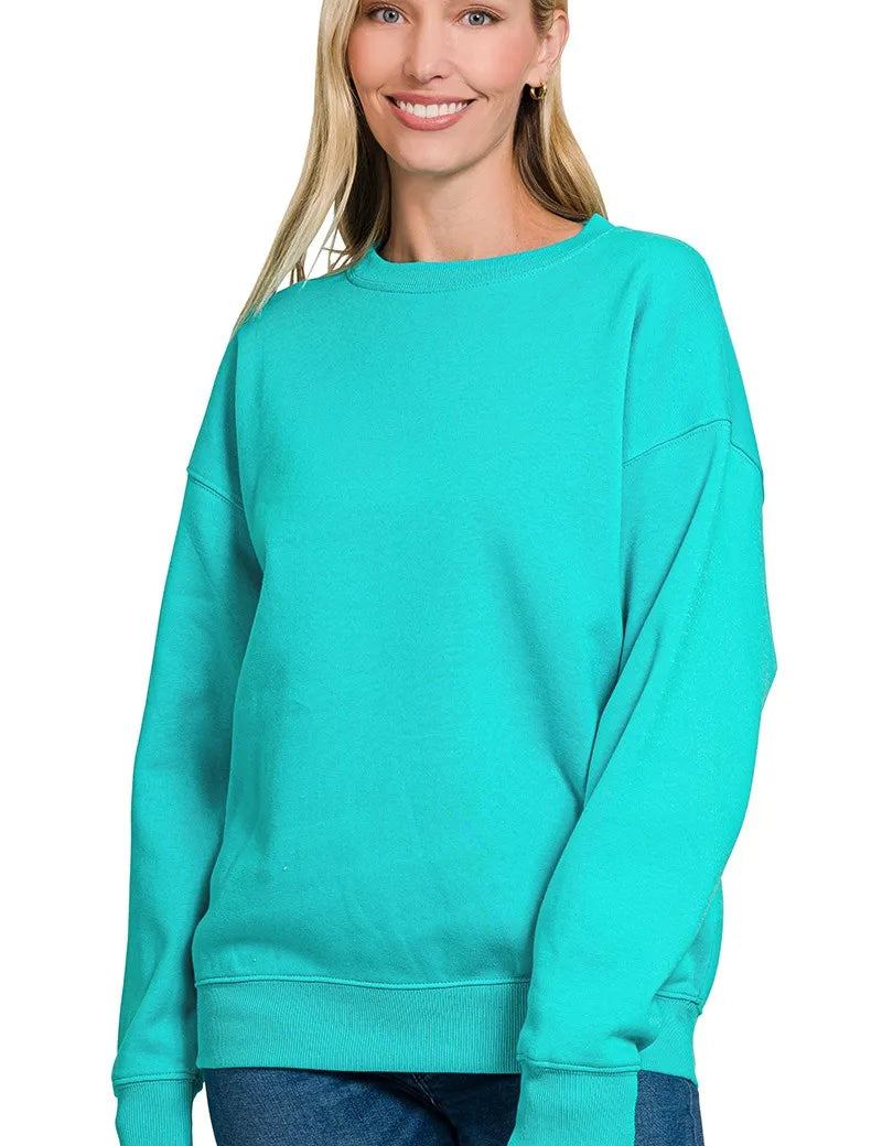 TURQUOISE Zenana Fleece Crewneck Long Sleeve Sweatshirt | Sweatshirts Daverri Fashions