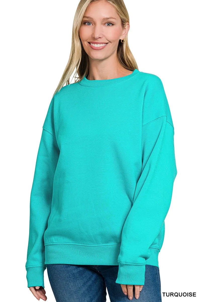 Zenana Fleece Crewneck Long Sleeve Sweatshirt TURQUOISE Sweatshirts