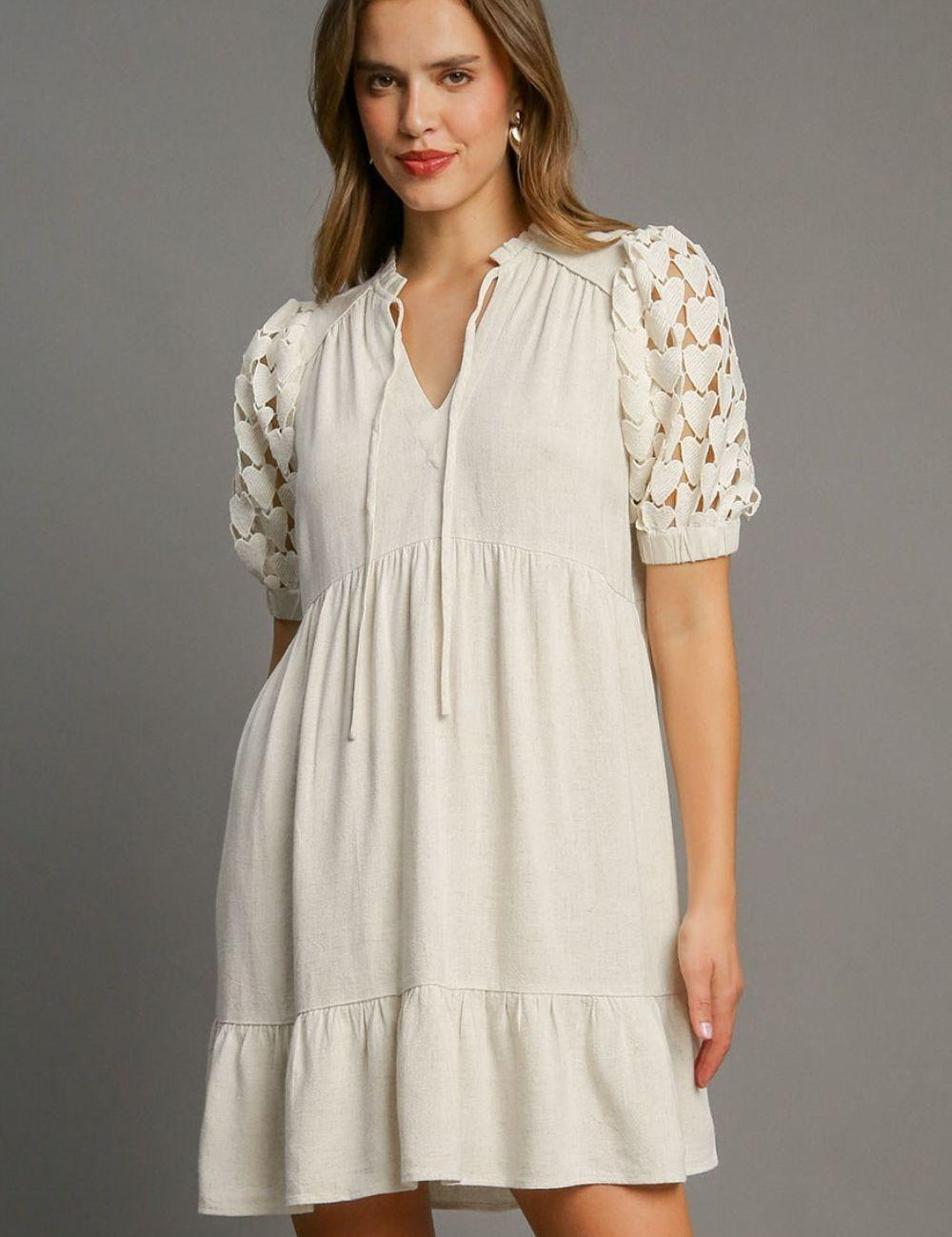 Oatmeal M Umgee Ruffled Hem Heart Lace Sleeve Tie Neck Dress M | Mini Dresses Daverri Fashions