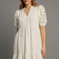 Umgee Full Size Ruffled Hem Heart Lace Sleeve Tie Neck Dress Oatmeal M Mini Dresses