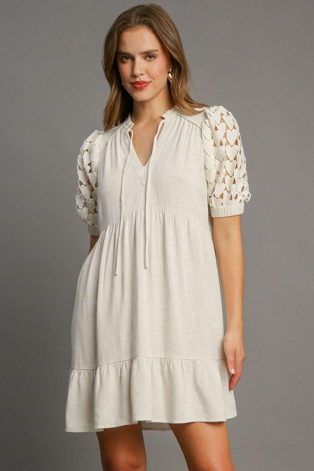 Umgee Full Size Ruffled Hem Heart Lace Sleeve Tie Neck Dress Oatmeal M Mini Dresses