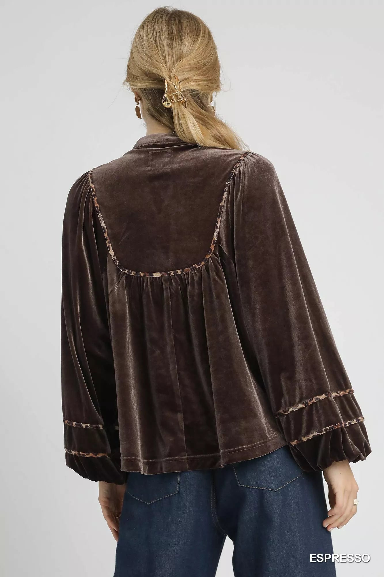 Umgee Velvet Long Sleeve Blouse with Contrast Trim | Blouses Daverri Fashions