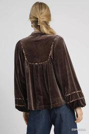 Umgee Velvet Long Sleeve Blouse with Contrast Trim | Blouses Daverri Fashions
