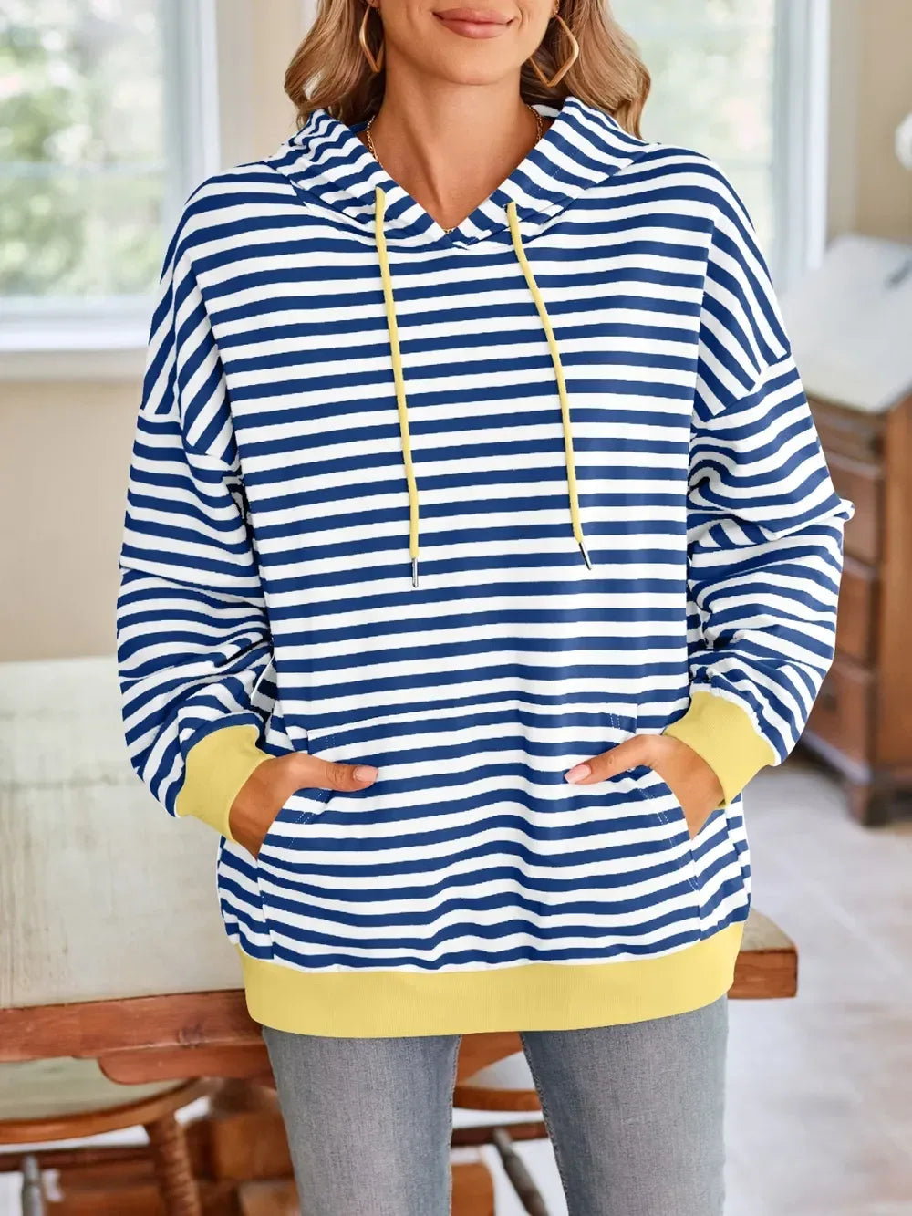 Lovelet Drawstring Striped Long Sleeve Hoodie - DAVERRI FASHIONS