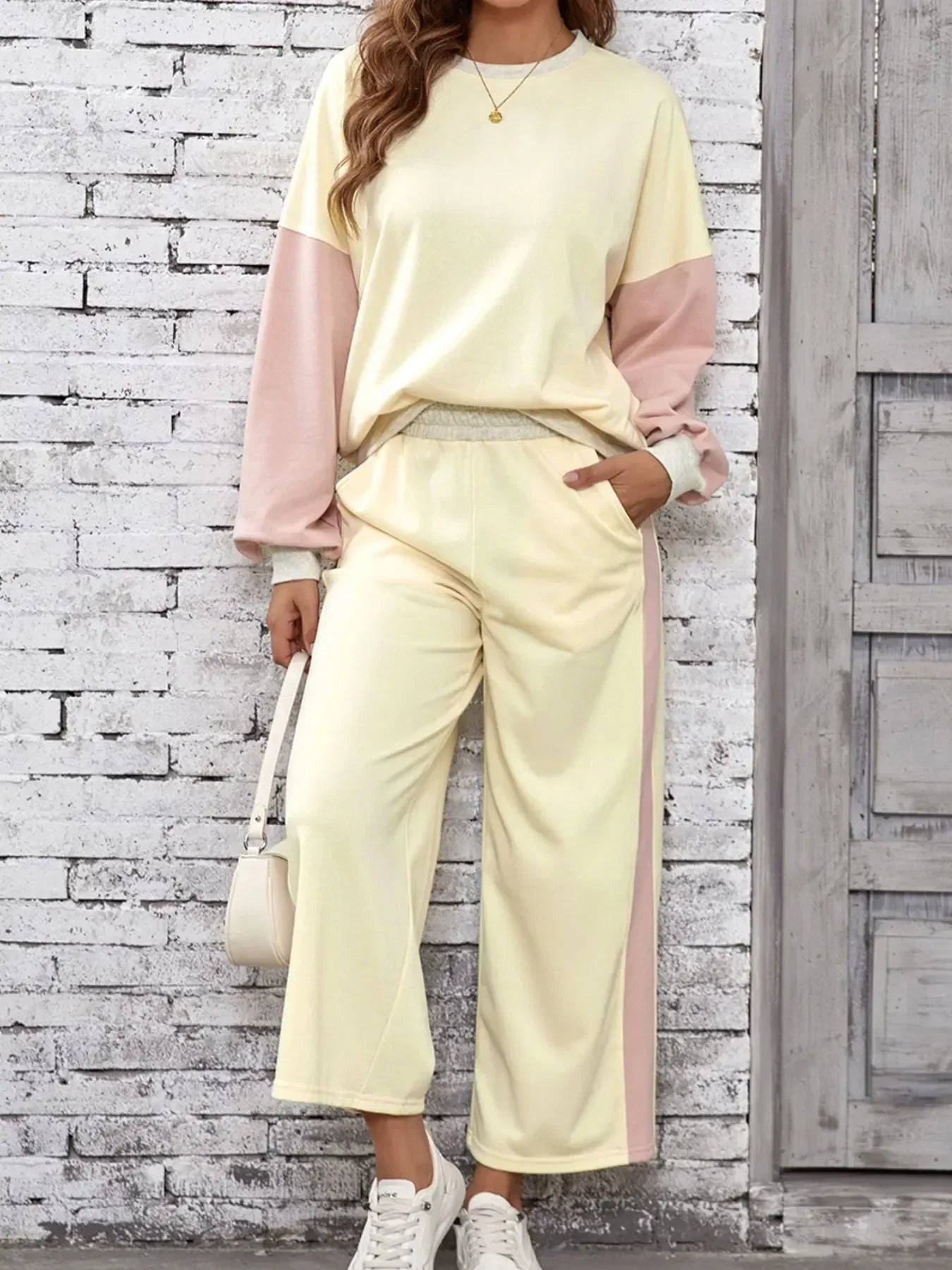Color Block Round Neck Top and Pants Set - DAVERRI FASHIONS