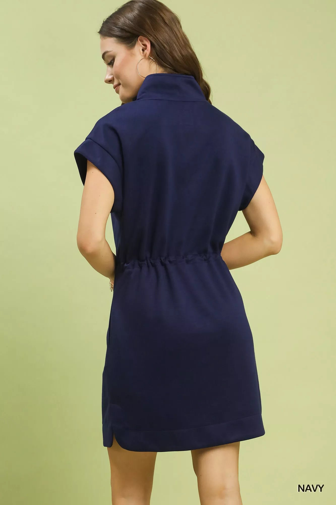 Navy blue Umgee Dolman Sleeve Zip Detail Dress with collar and drawstring waist