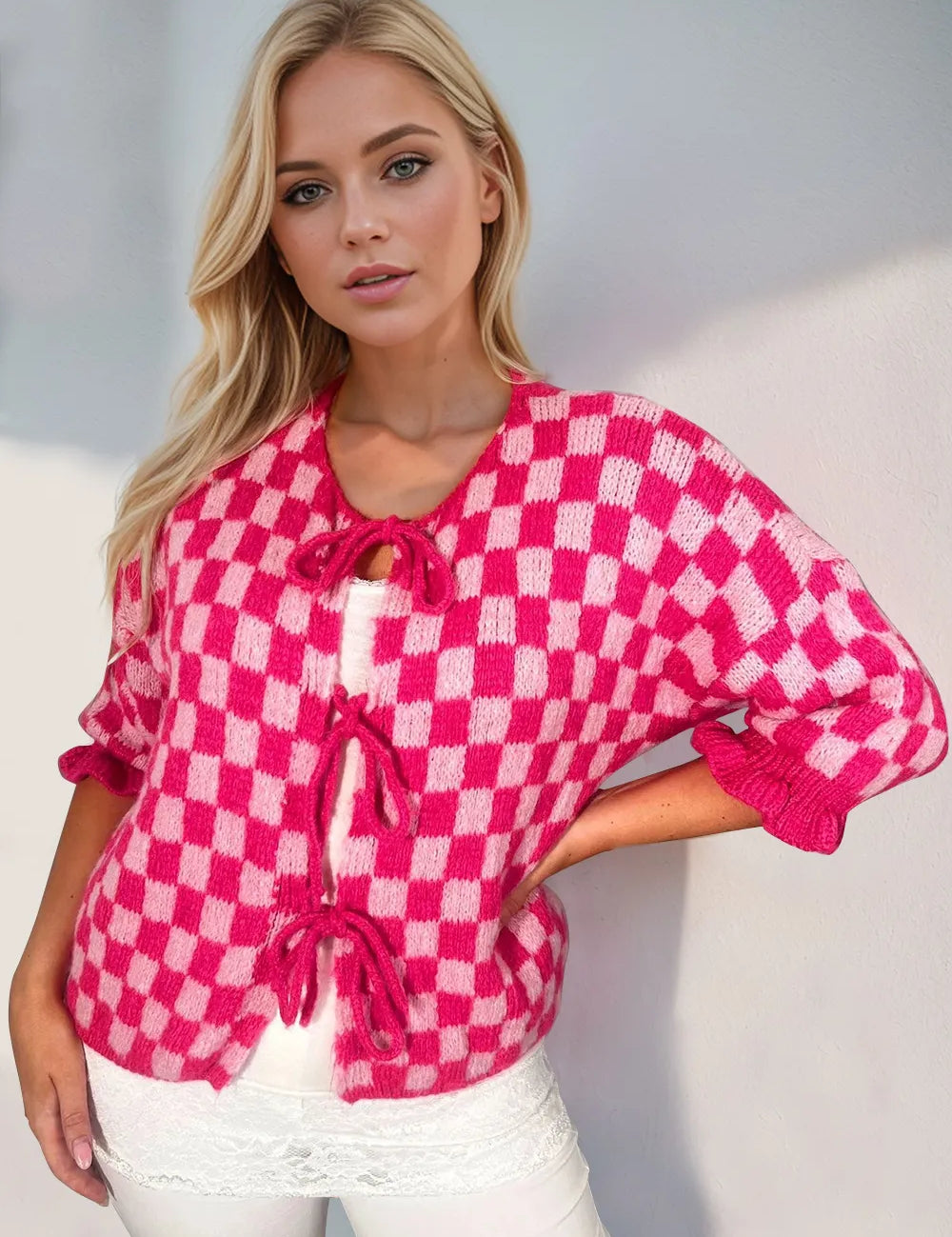 Hot Pink Double Take Tied Checkered Dropped Shoulder Flounce Sleeve Cardigan | Cardigans Daverri Fashions