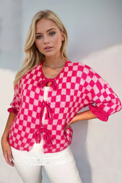 Hot Pink Double Take Tied Checkered Dropped Shoulder Flounce Sleeve Cardigan | Cardigans Daverri Fashions