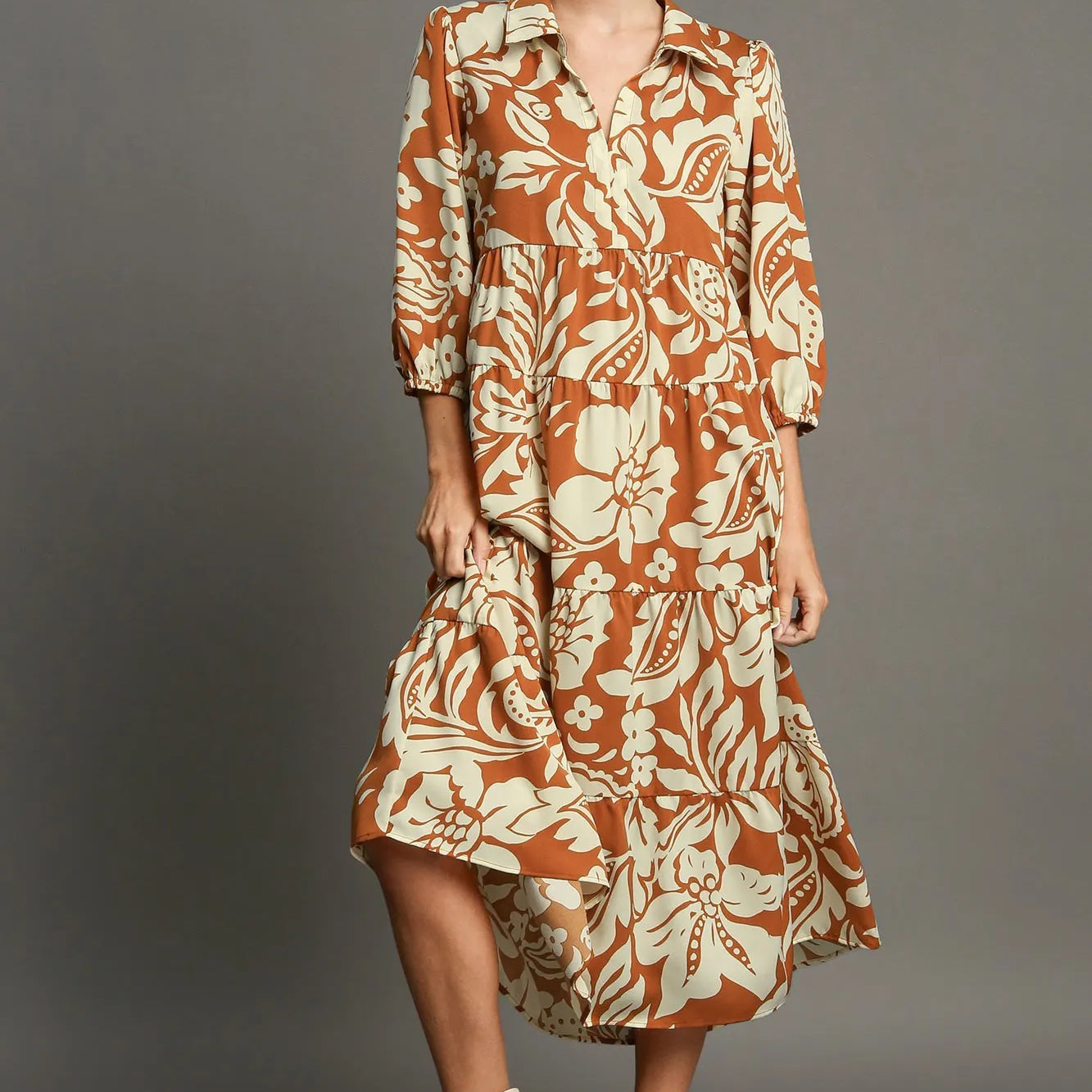 Rust Umgee Full Size Floral Tiered Midi Shirt Dress Plus Size | Midi Dresses Daverri Fashions