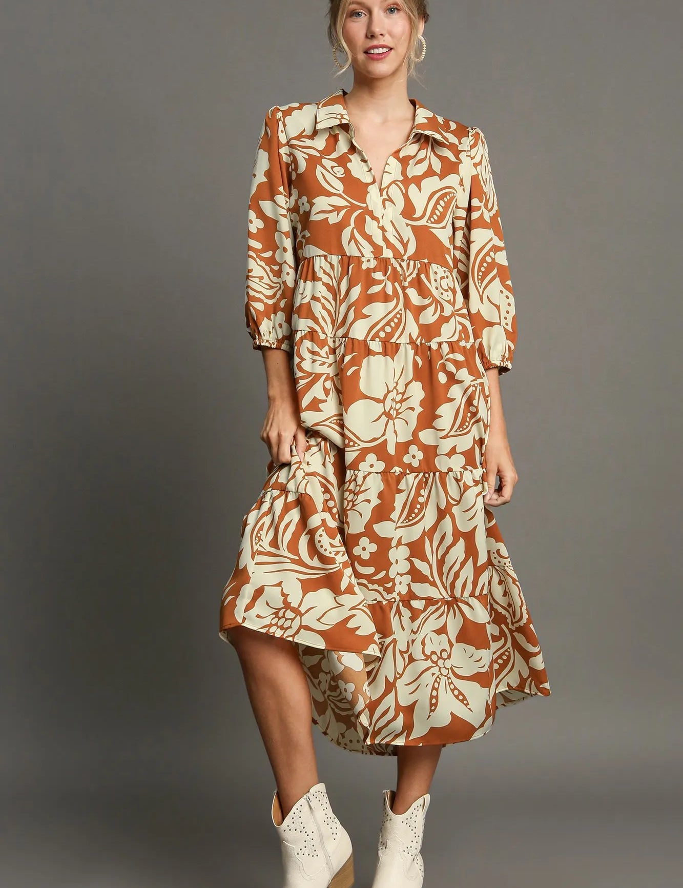Rust Umgee Full Size Floral Tiered Midi Shirt Dress Plus Size | Midi Dresses Daverri Fashions