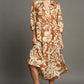 Umgee Full Size Floral Tiered Midi Shirt Dress Plus Size Rust Midi Dresses