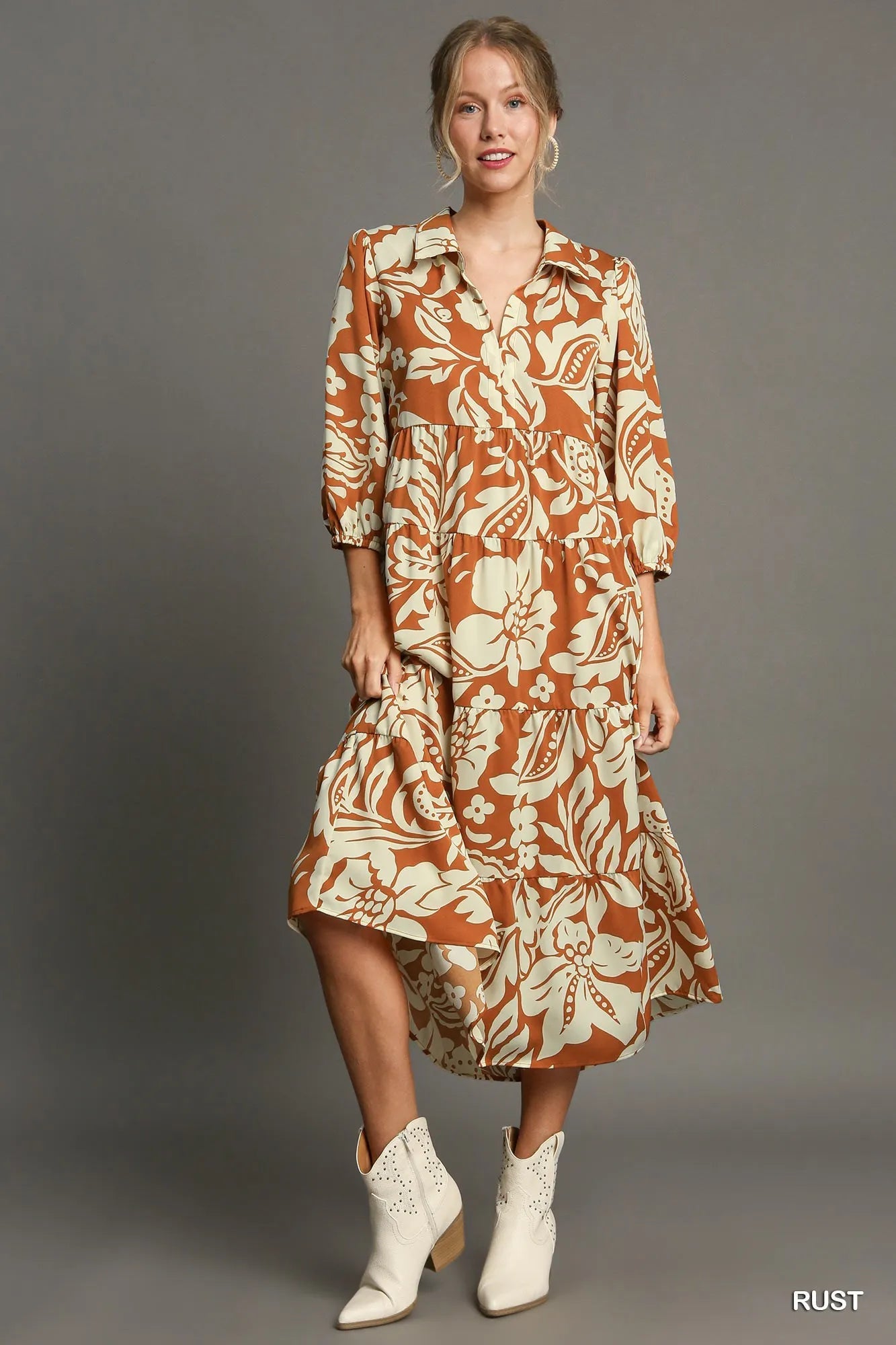 Umgee Full Size Floral Tiered Midi Shirt Dress Plus Size Rust Midi Dresses