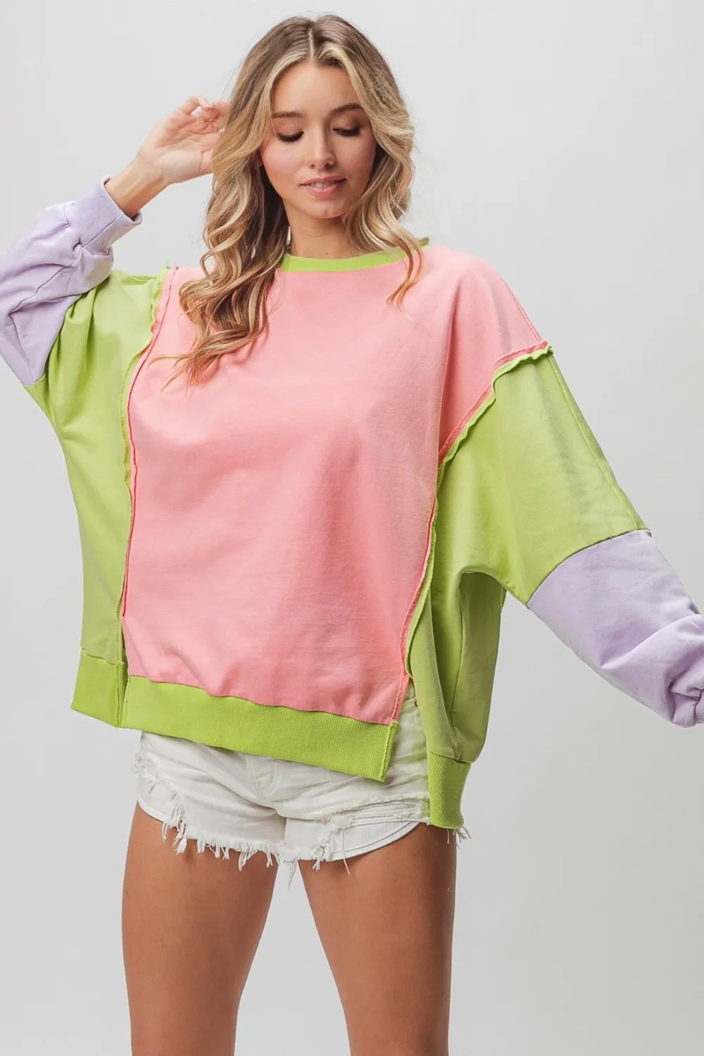 BiBi Washed Color Block Sweatshirt Pink Lime Lavender